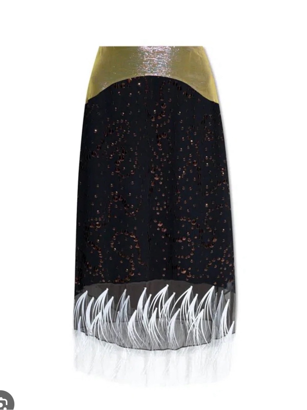 ISO Tory Burch Metallic-Trim Black Embellished Midi Skirt with Feather Hem